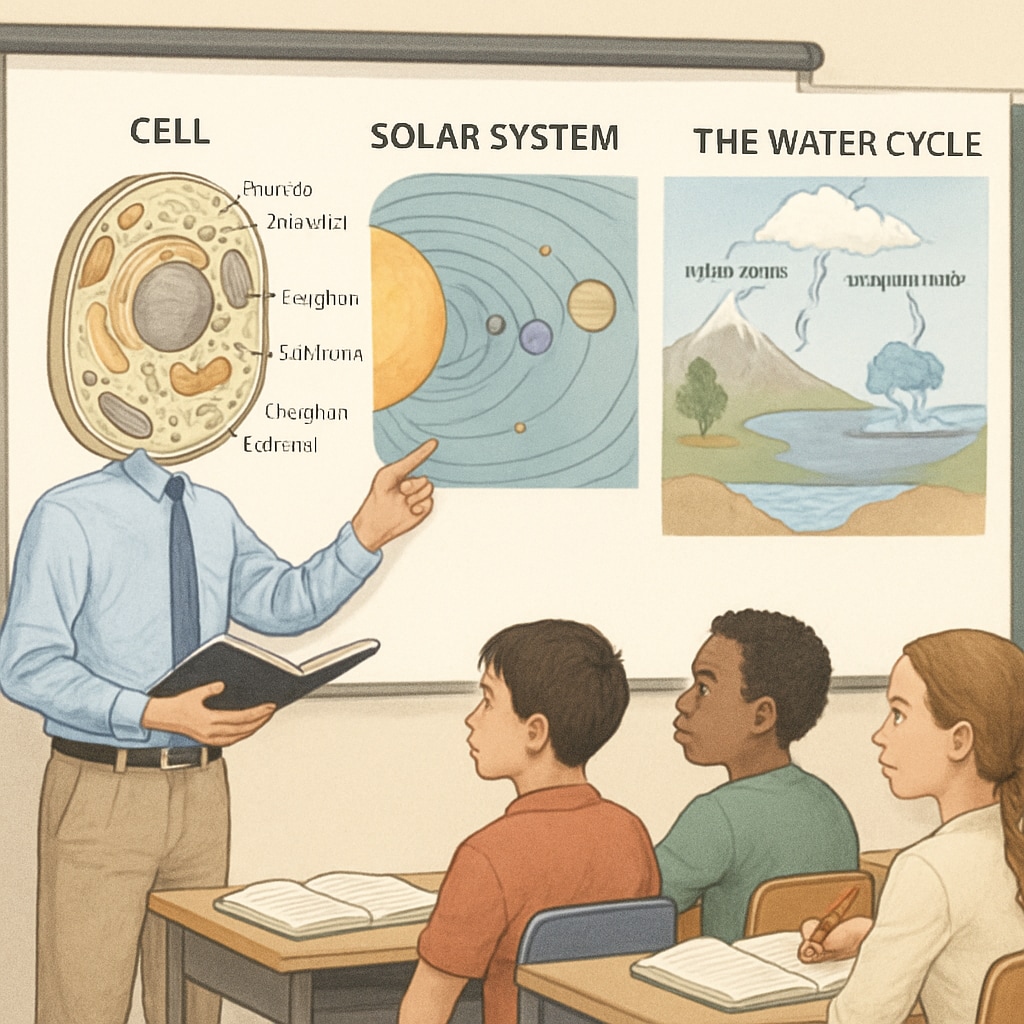 A high school science teacher using visual aids, such as diagrams and charts, to explain concepts to multilingual learners. High school science teacher using visual aids for multilingual learners.
