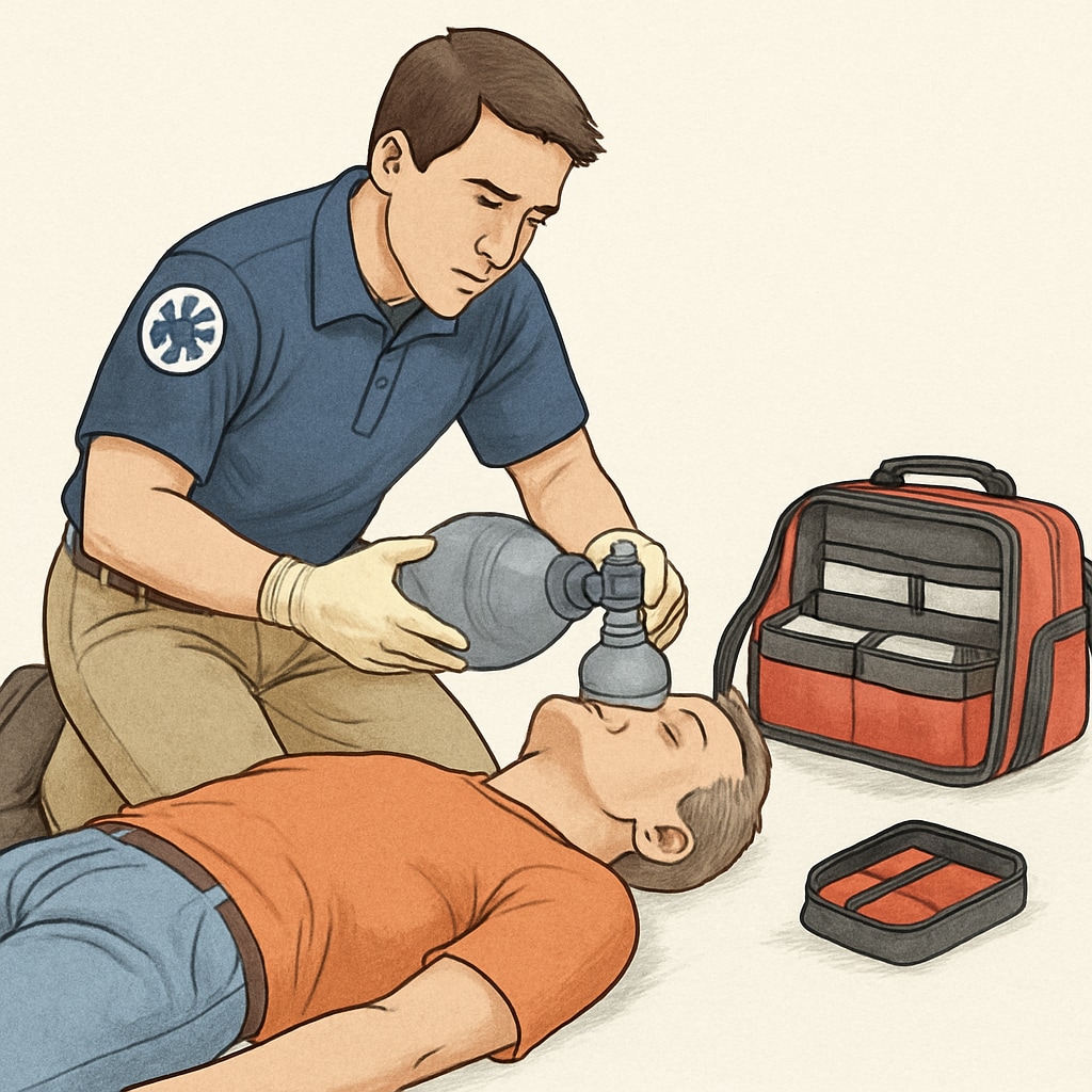 An EMT assisting a patient during an emergency response, showcasing practical healthcare skills. EMT gaining practical healthcare experience through emergency response.