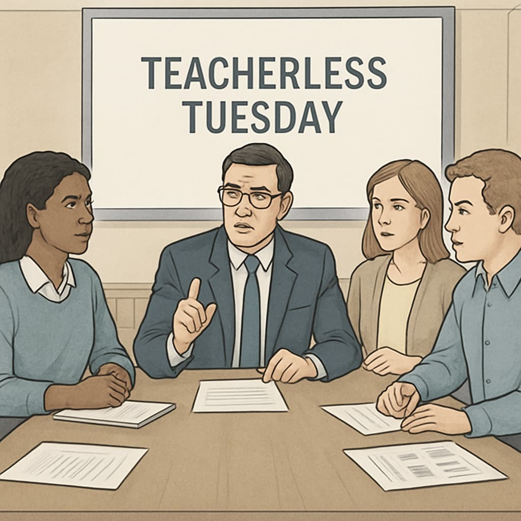 A school administrator in a meeting, discussing solutions for a teacher shortage caused by Teacherless Tuesday. School administrator discussing teacher shortage during Teacherless Tuesday.