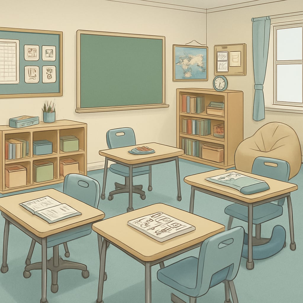 A sensory-friendly classroom equipped with adaptive desks and learning materials, emphasizing the importance of supportive environments for special needs students. Special needs classroom environment