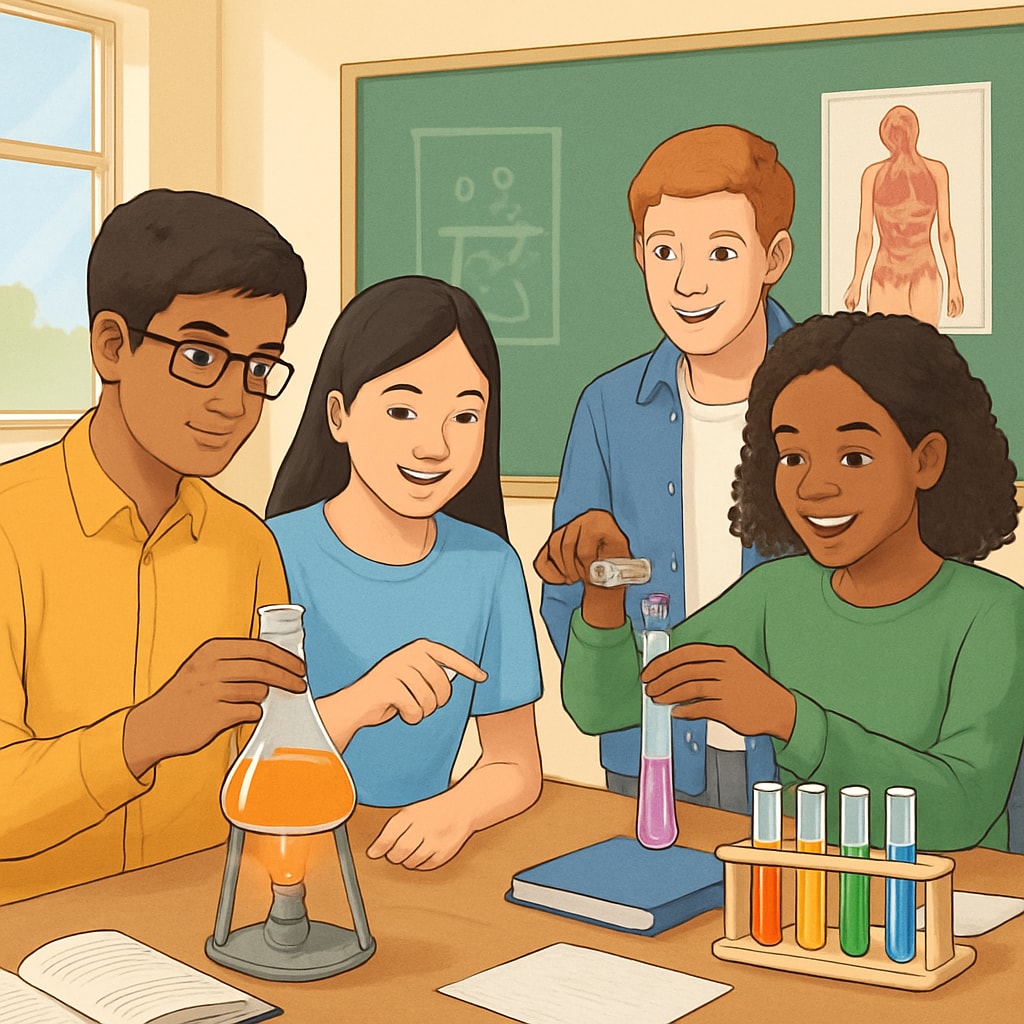 Students conducting hands-on science experiments in a collaborative high school classroom setting, promoting interactive learning for multilingual students. High school students conducting science experiments in a collaborative setting.