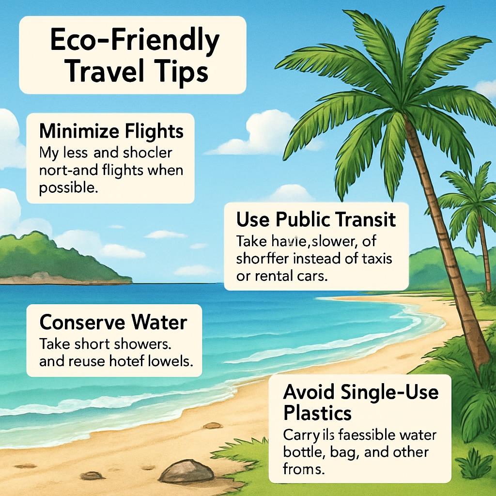 A vibrant tropical beach featured in a travel short video, captioned with eco-friendly travel tips. Travel short video showcasing a tropical beach with eco-friendly travel captions.