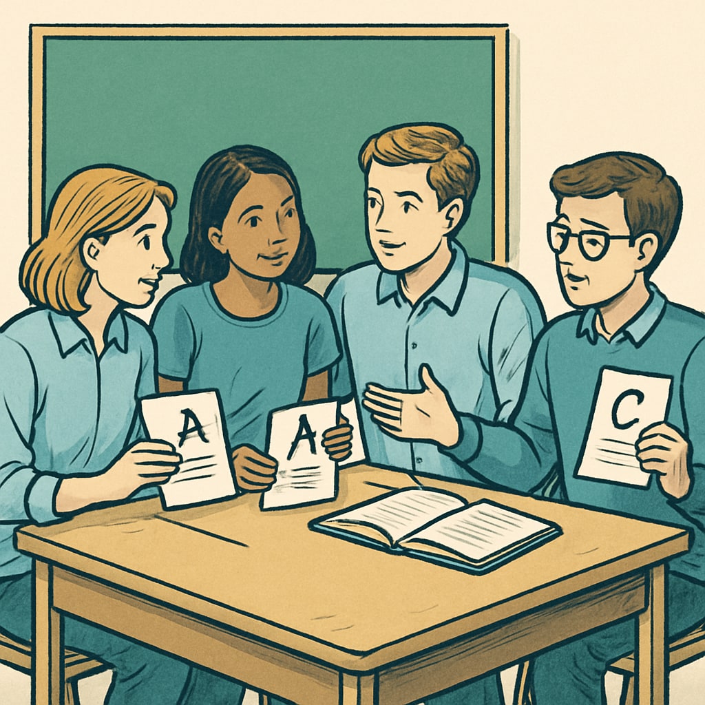 A group of students sitting in a classroom, discussing their academic results and supporting each other. Students discussing GCSE results and supporting each other emotionally.