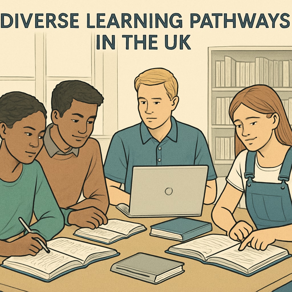 A group of students engaging in a study session, representing diverse learning pathways in the UK. Students studying together, symbolizing UK education pathways.