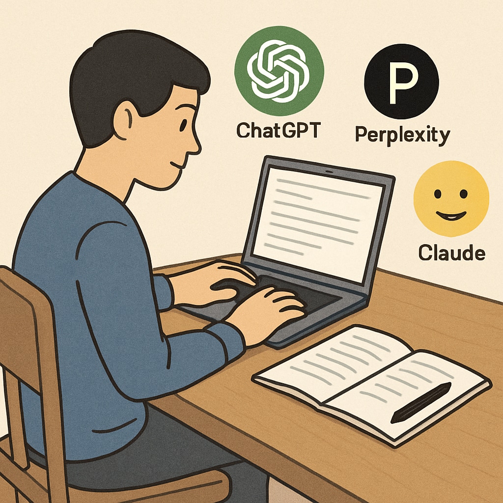 A student using multiple AI tools on a laptop, with icons of ChatGPT, Perplexity, and Claude around the screen, symbolizing their integration into the learning process. Student using AI tools like ChatGPT, Perplexity, and Claude on a laptop
