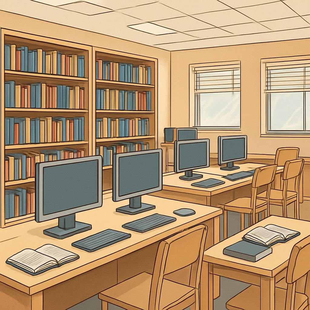 A resource center with books, computers, and a welcoming study environment for returning students. Resource center for students returning to education in the UK.