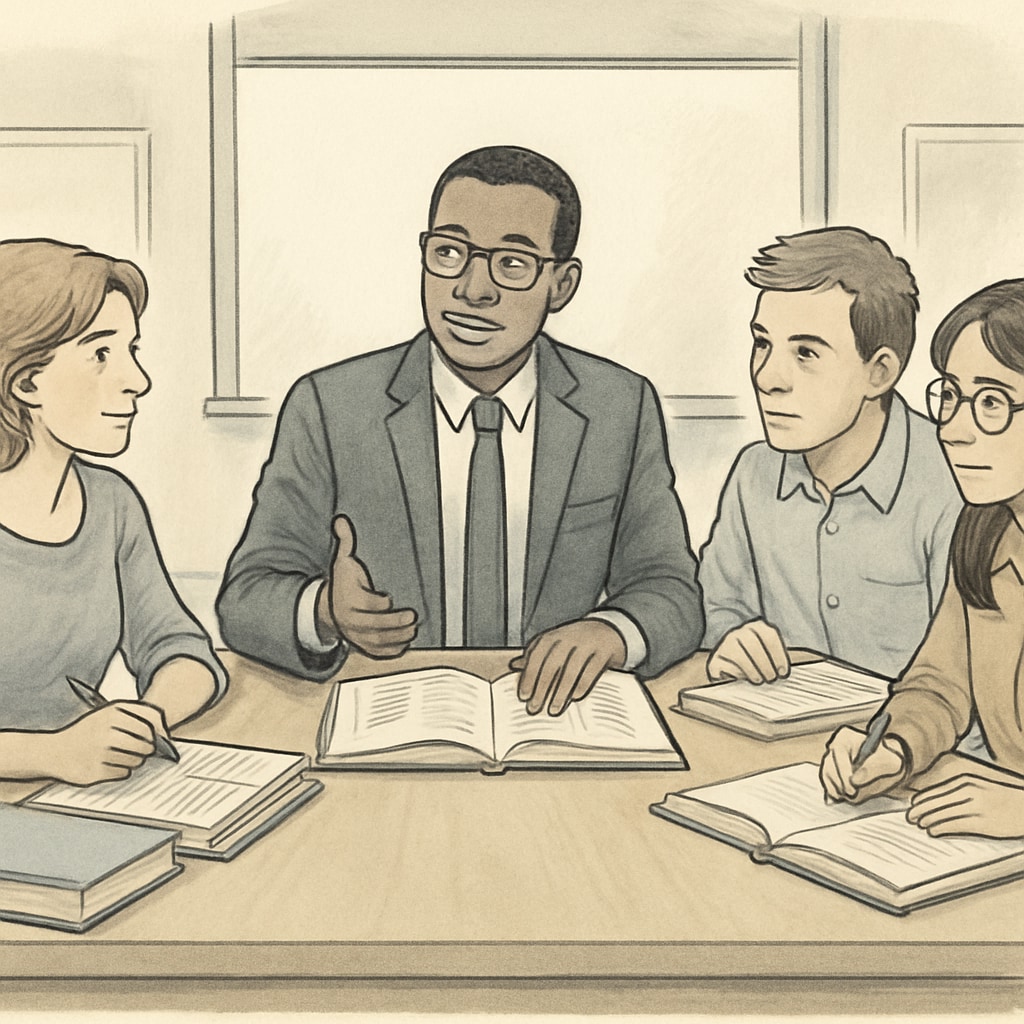 A professional educational consultant discussing curriculum materials with a group of teachers. An educational consultant collaborating with teachers, showcasing non-teaching careers in education.