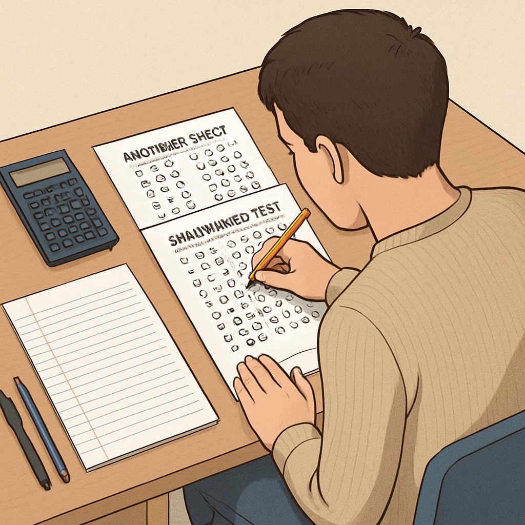 A close-up of a student taking standardized tests, with test materials and a calculator on a desk. A student preparing for standardized tests, a critical step for data science applications in the U.S.