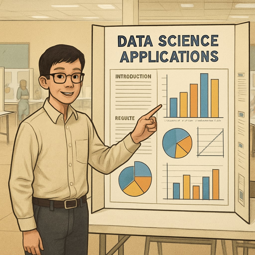 High school student presenting a data science research project at a science fair.