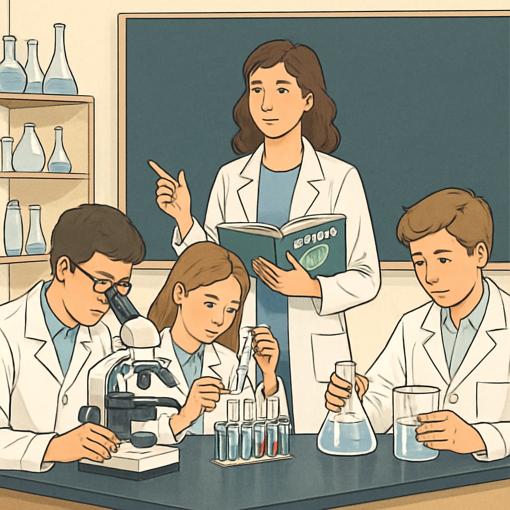 Biology graduate teaching a science class in a laboratory environment.