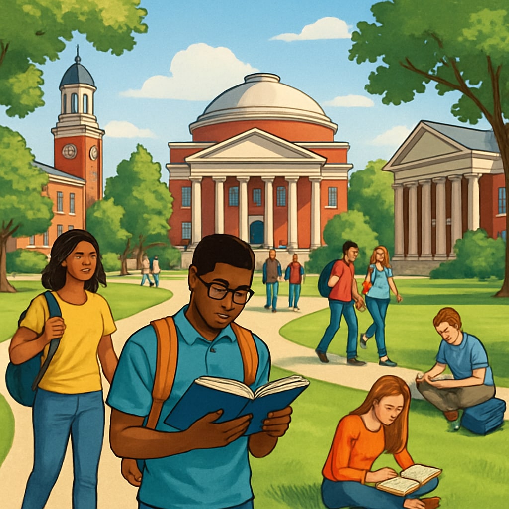 A campus view of a top U.S. university with students walking and studying outdoors. A vibrant campus environment of a leading U.S. university, showcasing opportunities for international students in data science.