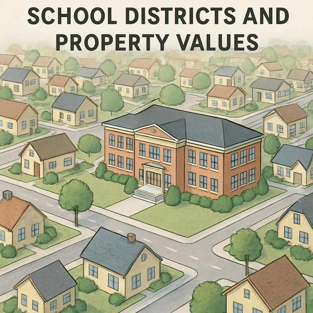 An aerial view of a suburban neighborhood with a prominent school building at the center, illustrating the connection between school districts and property values. Suburban neighborhood with school building showcasing school districts and property values.