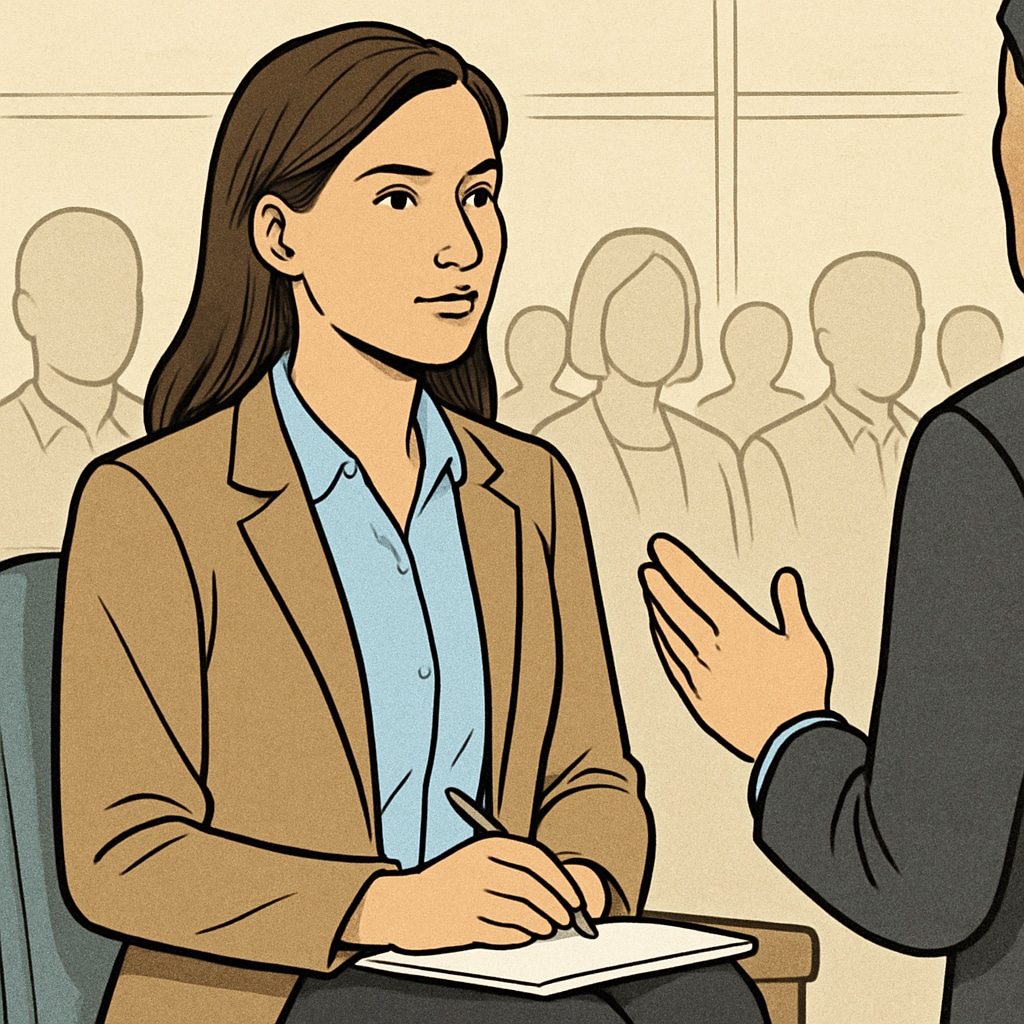 A professional woman attentively listening to a speaker in a business seminar, representing the engagement of female entrepreneurs. Female entrepreneur in a seminar, listening to a discussion about Sadhguru.