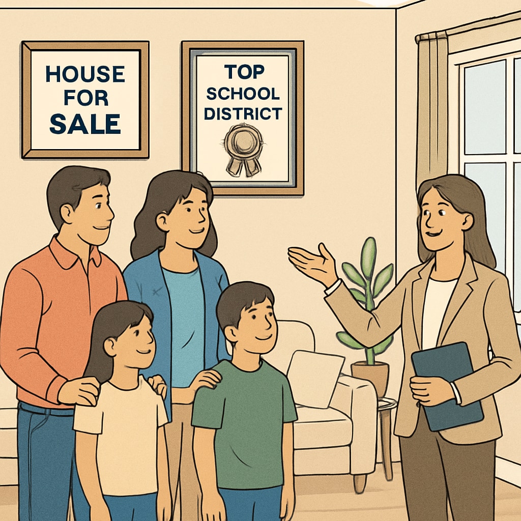A family touring a home for sale in a top school district, highlighting the intersection of education choices and real estate investments. Family touring home in top school district linked to education and real estate.