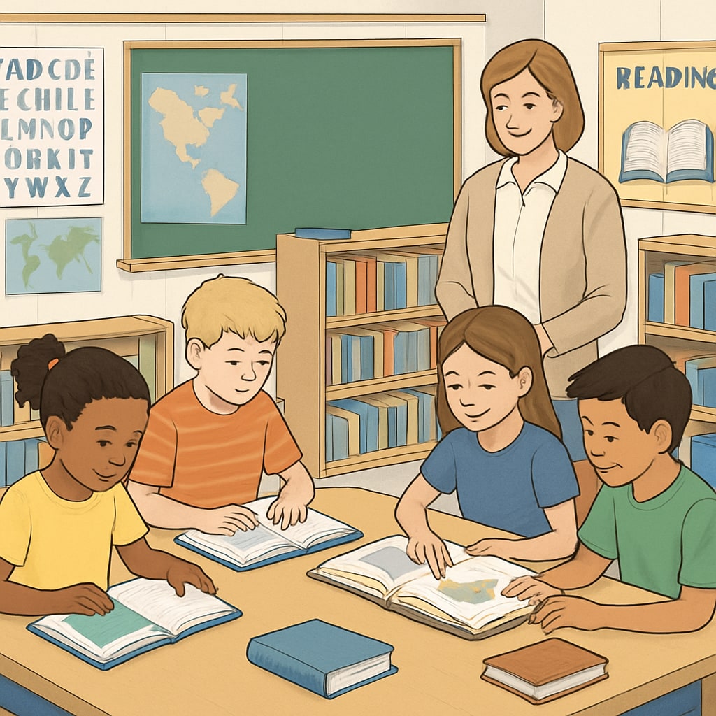 A group of elementary school students engaged in reading activities in a classroom setting, showcasing teamwork and learning. Elementary students reading together in a classroom environment, highlighting free reading comprehension tools and strategies.
