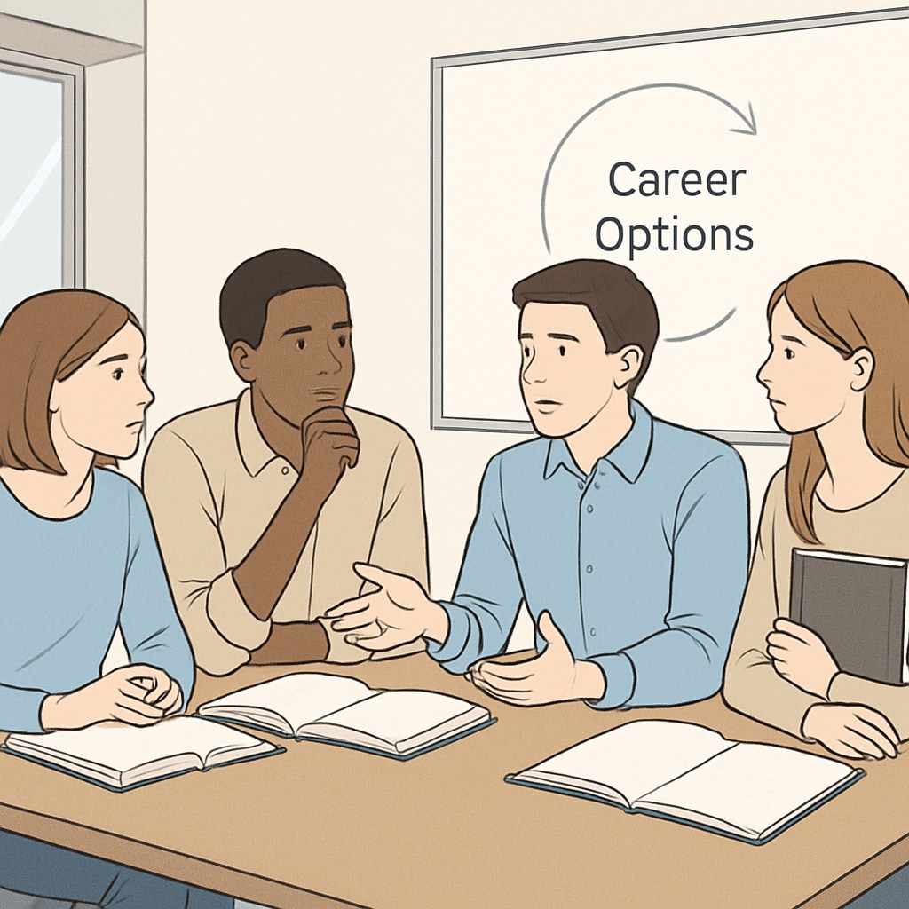 A group of college students discussing career options in a modern classroom setting. College students discussing IT and technical career choices.