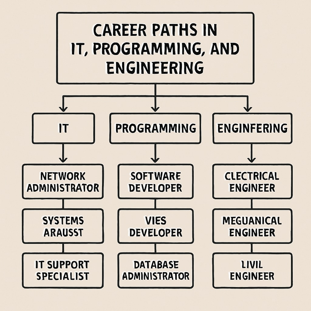 A flowchart illustrating career paths in IT, programming, and engineering. Flowchart of IT, programming, and engineering career paths.