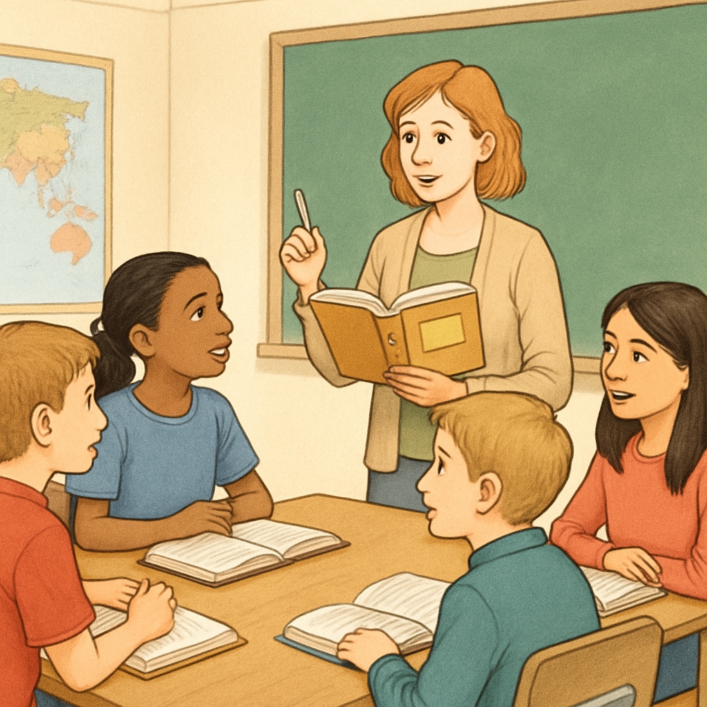 A classroom setting showing a teacher leading a small group discussion about a book, illustrating collaborative learning methods. Teacher leading a book discussion with fifth-grade students in an engaging classroom.
