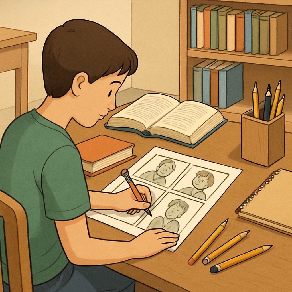 A student sketching a comic strip based on a book they’ve read, showcasing creative approaches to reading comprehension. Fifth-grade student creating a comic strip for ELA reading activity.
