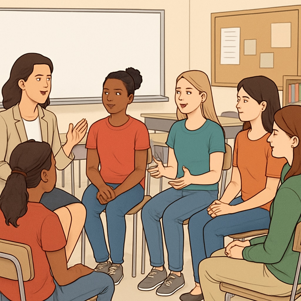 A classroom setting with female students engaging in a group discussion, representing leadership and communication exercises. Female students practicing leadership and communication exercises in a classroom.