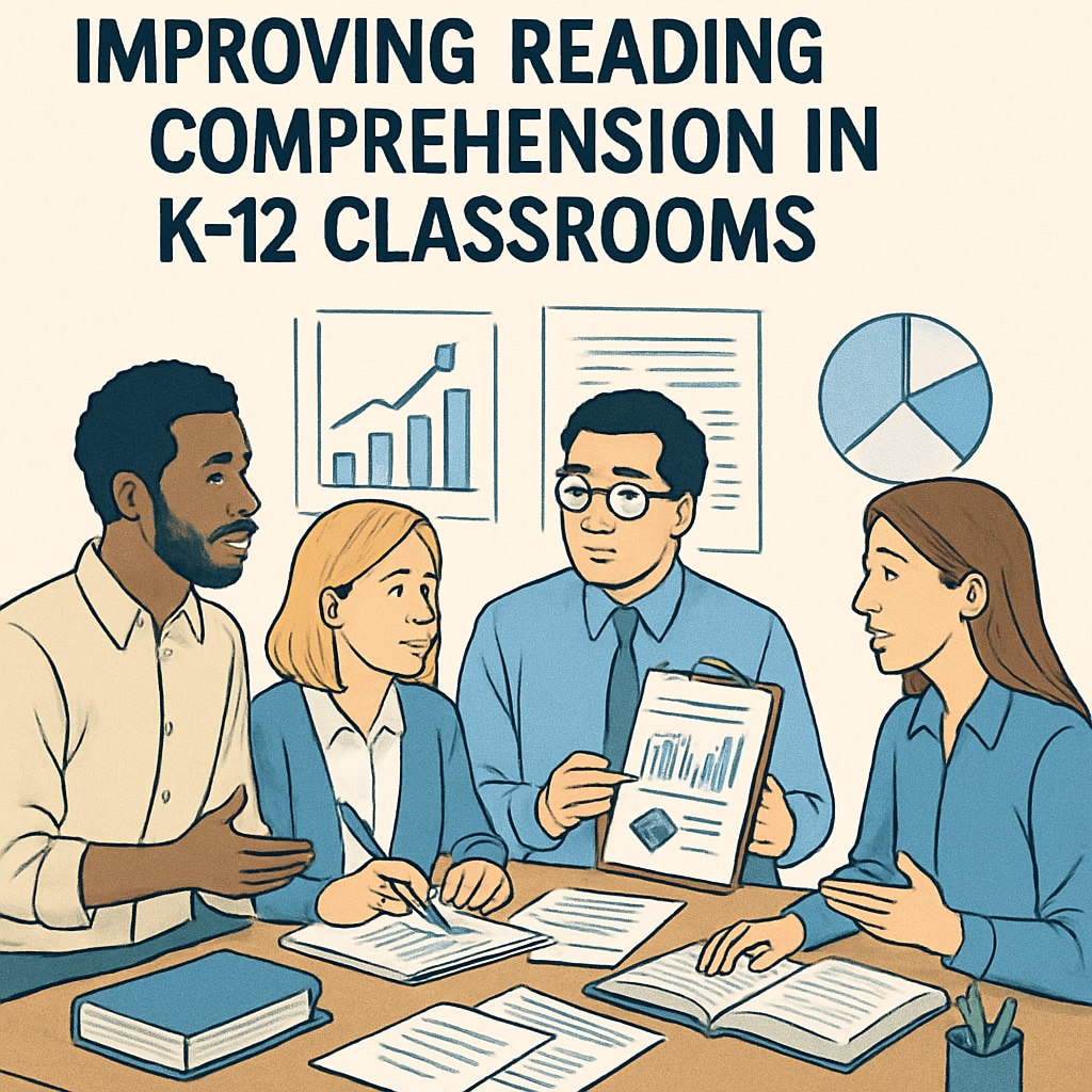 A group of teachers collaborating on educational research papers to optimize reading strategies in K12 classrooms. Teachers discussing text complexity research for reading comprehension improvement.
