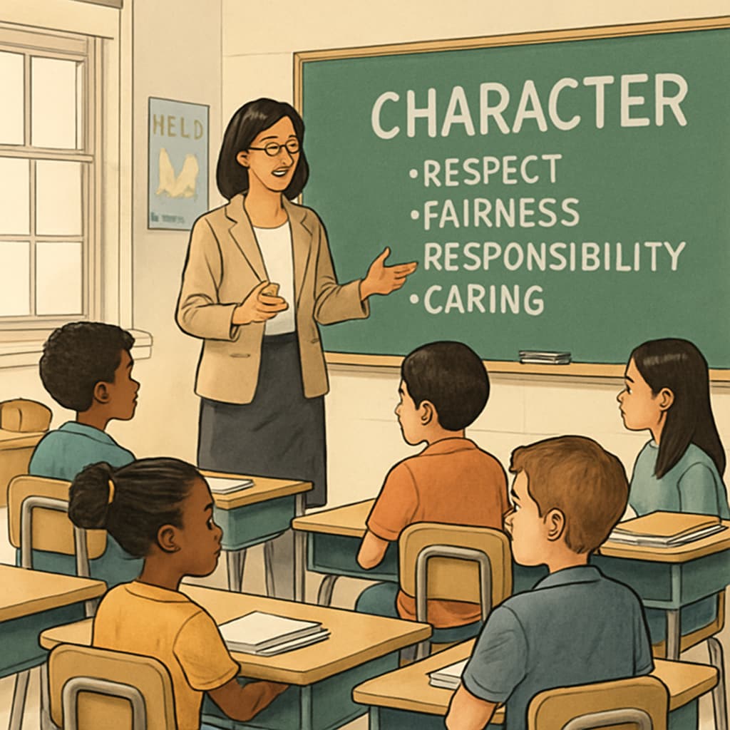 An educator leading a character training session with a diverse group of students in a public school setting. Teacher conducting a character training session with students, highlighting concerns about secular education.