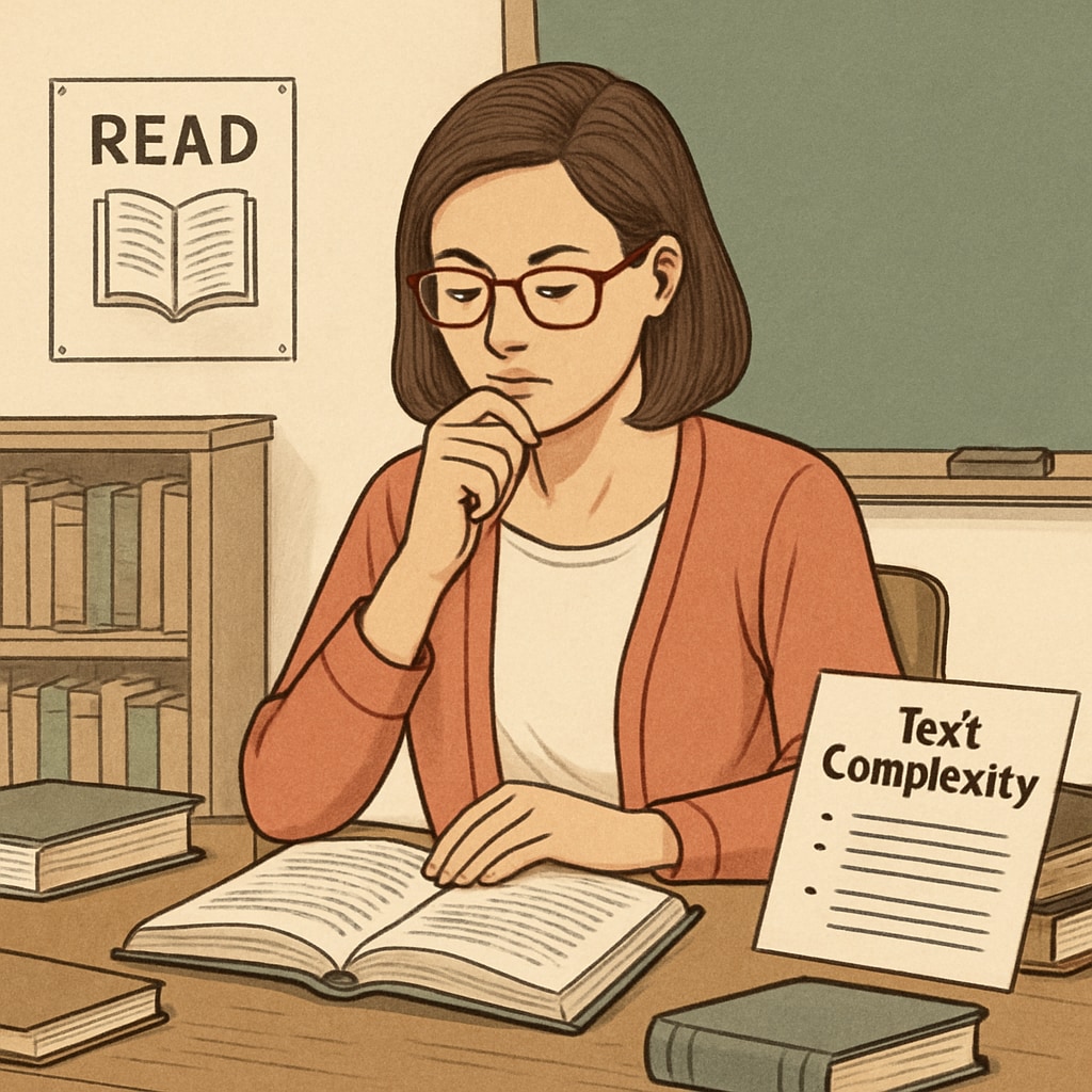 An elementary school teacher reviewing reading materials to provide feedback on text complexity as part of a study. Teacher analyzing text complexity for educational research purposes.