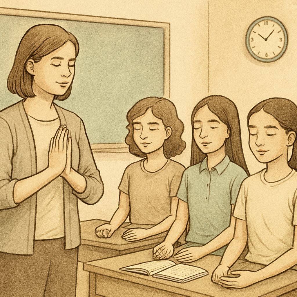 A teacher guiding female students in a mindfulness exercise, reflecting Sadhguru-inspired practices. Female students participating in mindfulness exercises inspired by Sadhguru’s teachings.