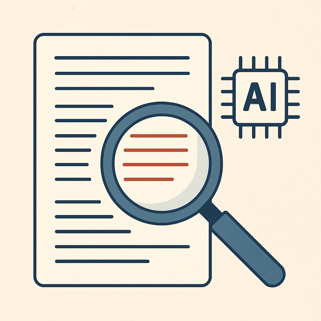 A conceptual image illustrating AI-powered plagiarism detection, featuring a magnifying glass over a digital document. Illustration of AI-powered plagiarism detection for writing monitoring.