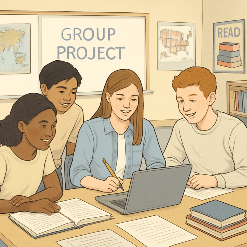 Students collaborating on a group project in an American school, showcasing flexible learning methodologies. Students working on group projects in American schools