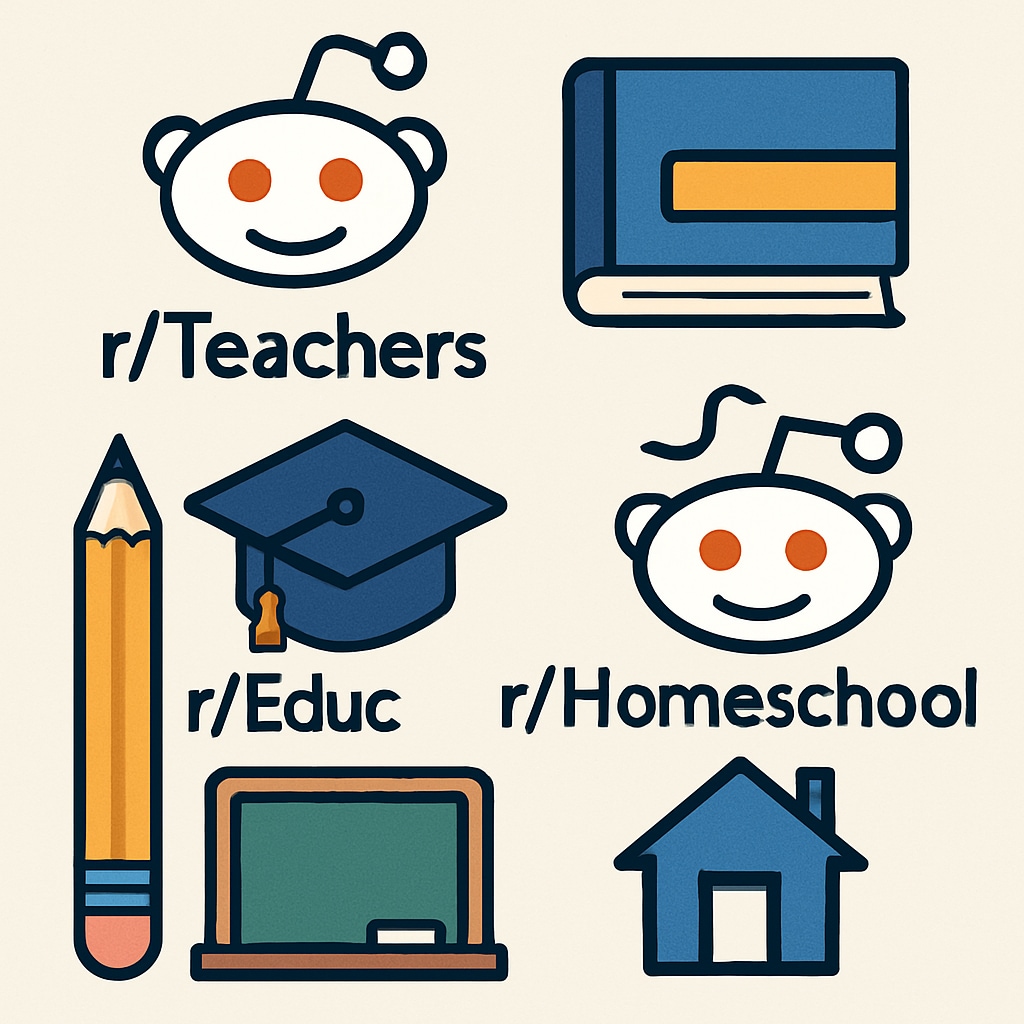 A collage showing logos of popular education subreddits like r/Teachers, r/Education, and r/Homeschool. Logos of popular education-focused subreddits.