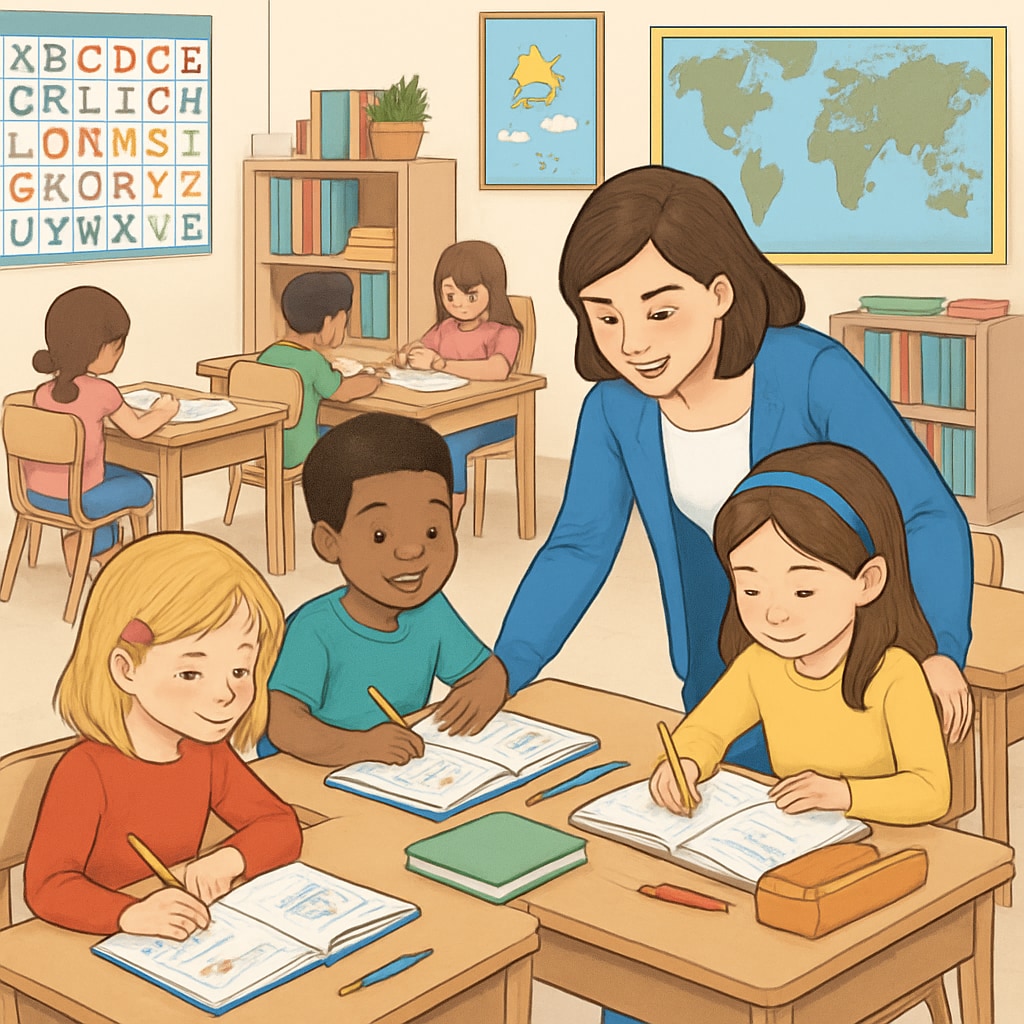 A classroom of first graders working on structured activities, symbolizing early academic pressure. First graders in a classroom facing academic pressure related to college applications.