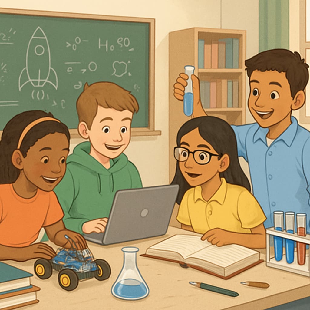 A diverse group of K12 students collaborating on a STEM project in a classroom setting. K12 students working together on a STEM project in a classroom.