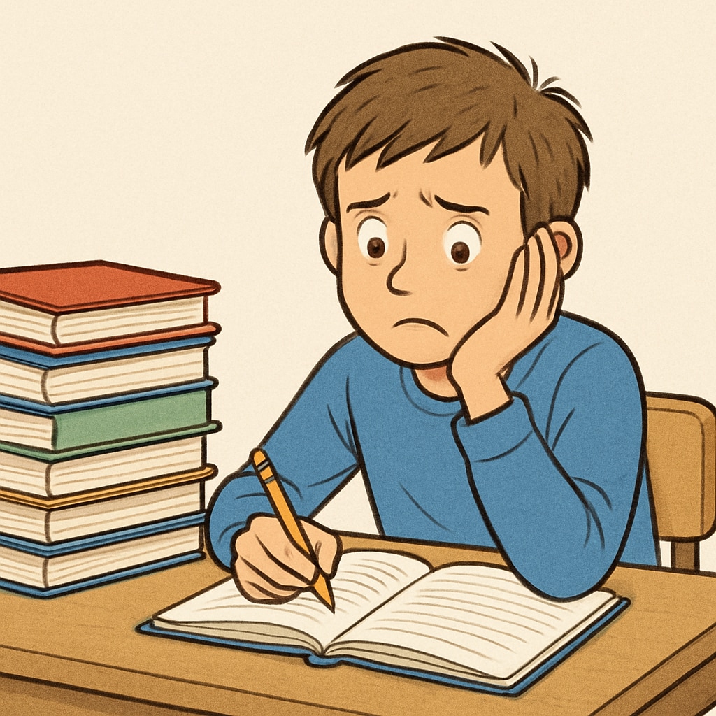 A young student sitting at a desk with a pile of books, appearing overwhelmed by homework. First grader overwhelmed with homework due to early academic pressure.