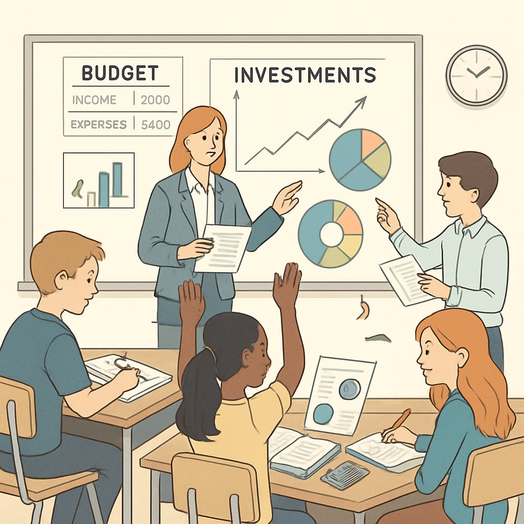 A classroom setting where students are engaging in financial literacy activities, such as solving budgeting problems or learning about investments. Students learning financial literacy concepts in a classroom setting