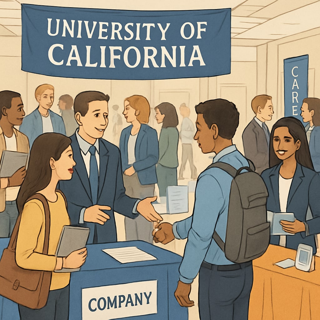 Students attending a University of California career fair, engaging with industry professionals. Students interacting with professionals at a University of California career fair.