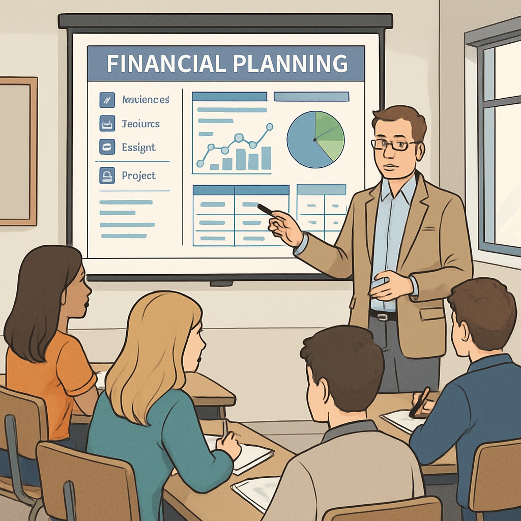 A teacher demonstrating how to use financial planning software to a group of students, highlighting the integration of technology in education. Teacher using financial planning software to teach students financial concepts