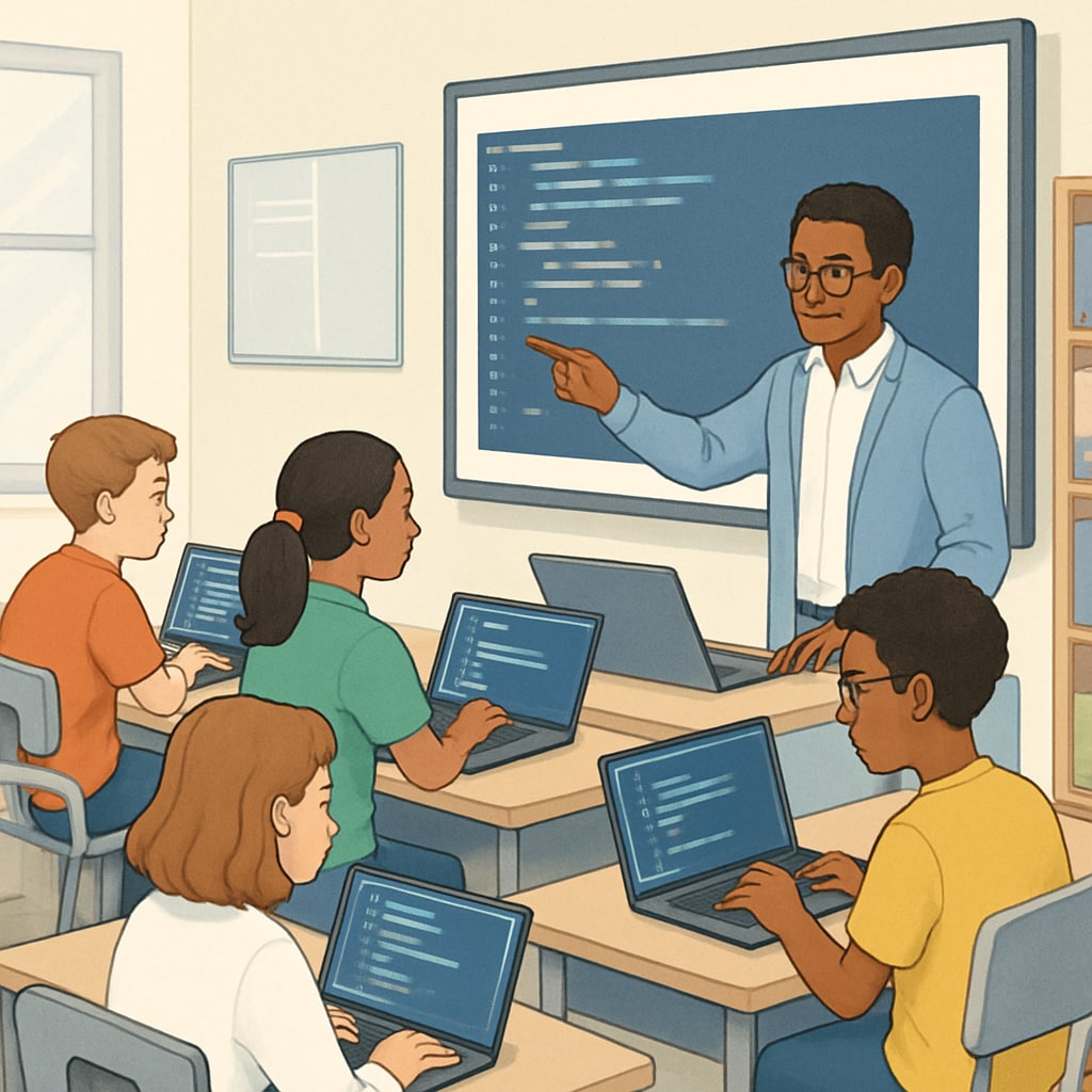 A teacher guiding students through a coding exercise on laptops in a modern classroom. A teacher assisting students with coding in a STEM-focused high school class.