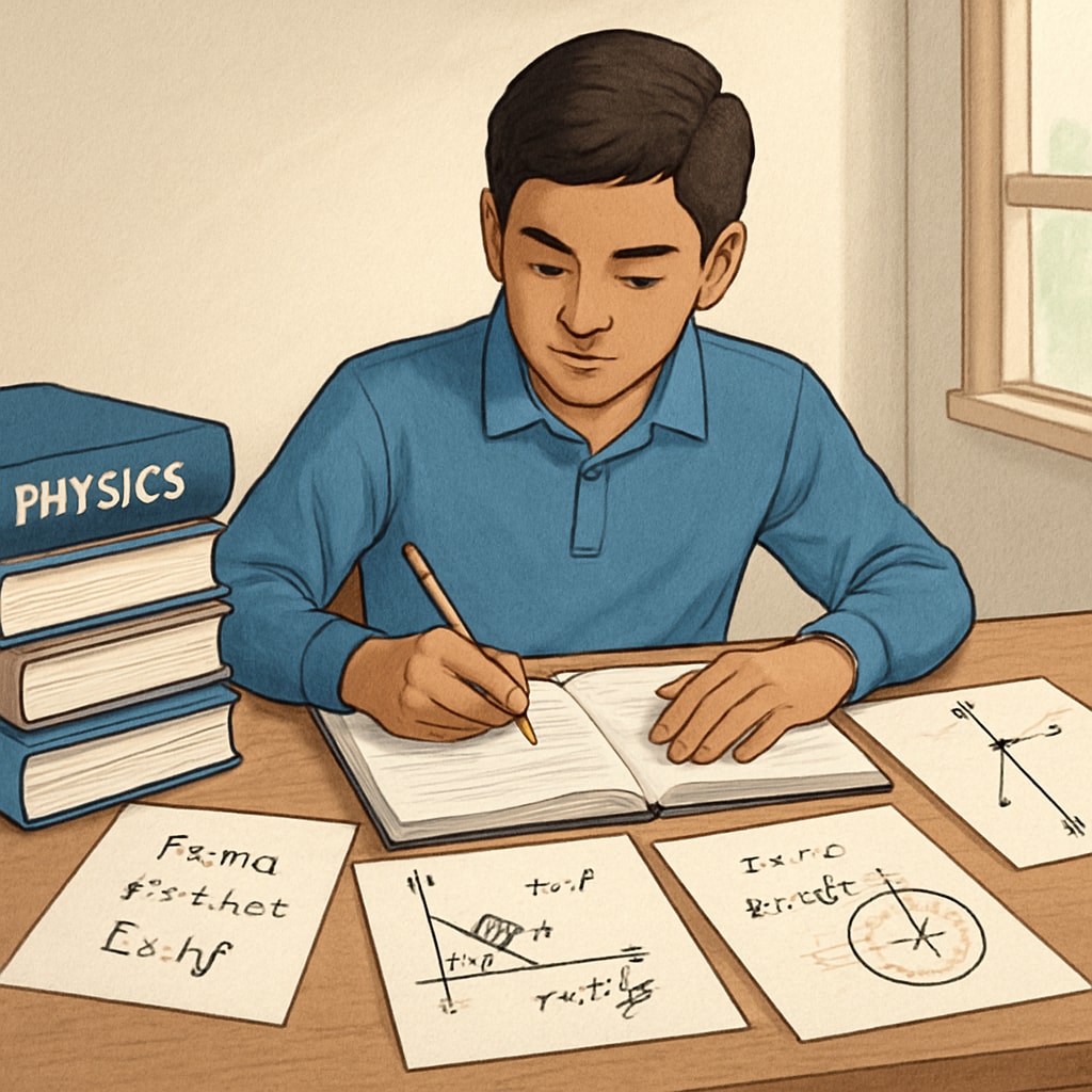A high school student studying physics with a pile of textbooks and notes. The student appears focused, with notes and diagrams spread across the table. High school student studying physics with textbooks and notes for exam preparation.