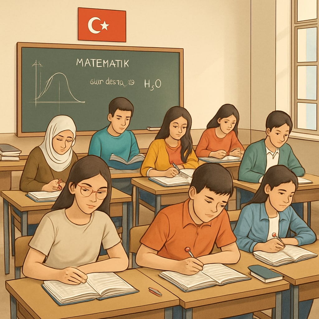 A classroom of Turkish students preparing for centralized exams, representing the intense focus on exam-driven education in Turkey. Turkish students studying for centralized exams, highlighting exam pressure in the education system.