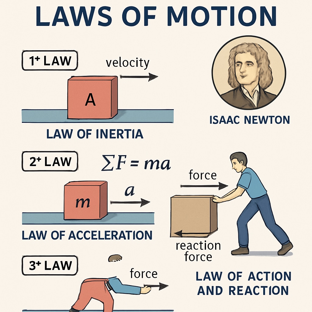 A diagram illustrating the laws of motion, highlighting Newton’s principles and their application in mechanics. The visual is clean and easy to understand. Diagram showing Newton’s laws of motion for understanding physics concepts.