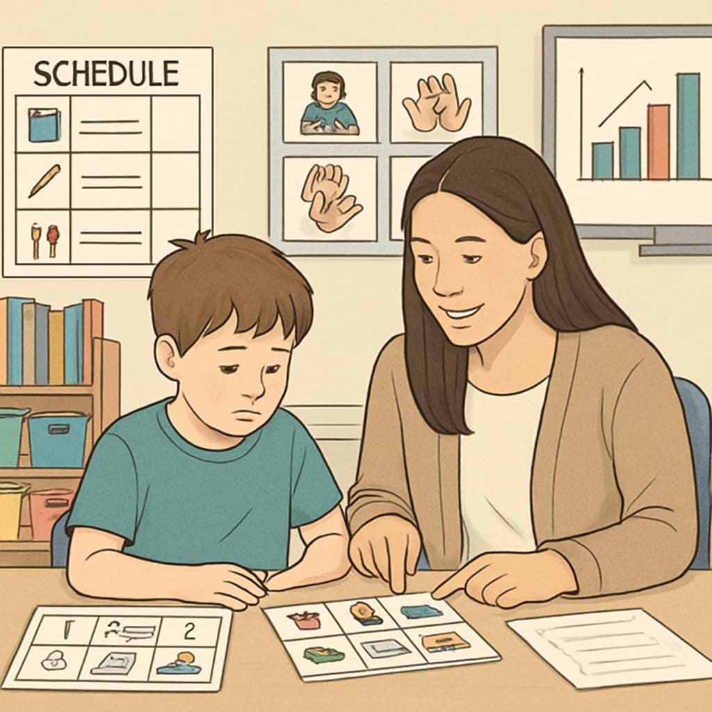 A classroom setting with a teacher assistant working one-on-one with a student on the autism spectrum, emphasizing structured learning tools. Teacher assistant helping a student with autism using structured learning tools.