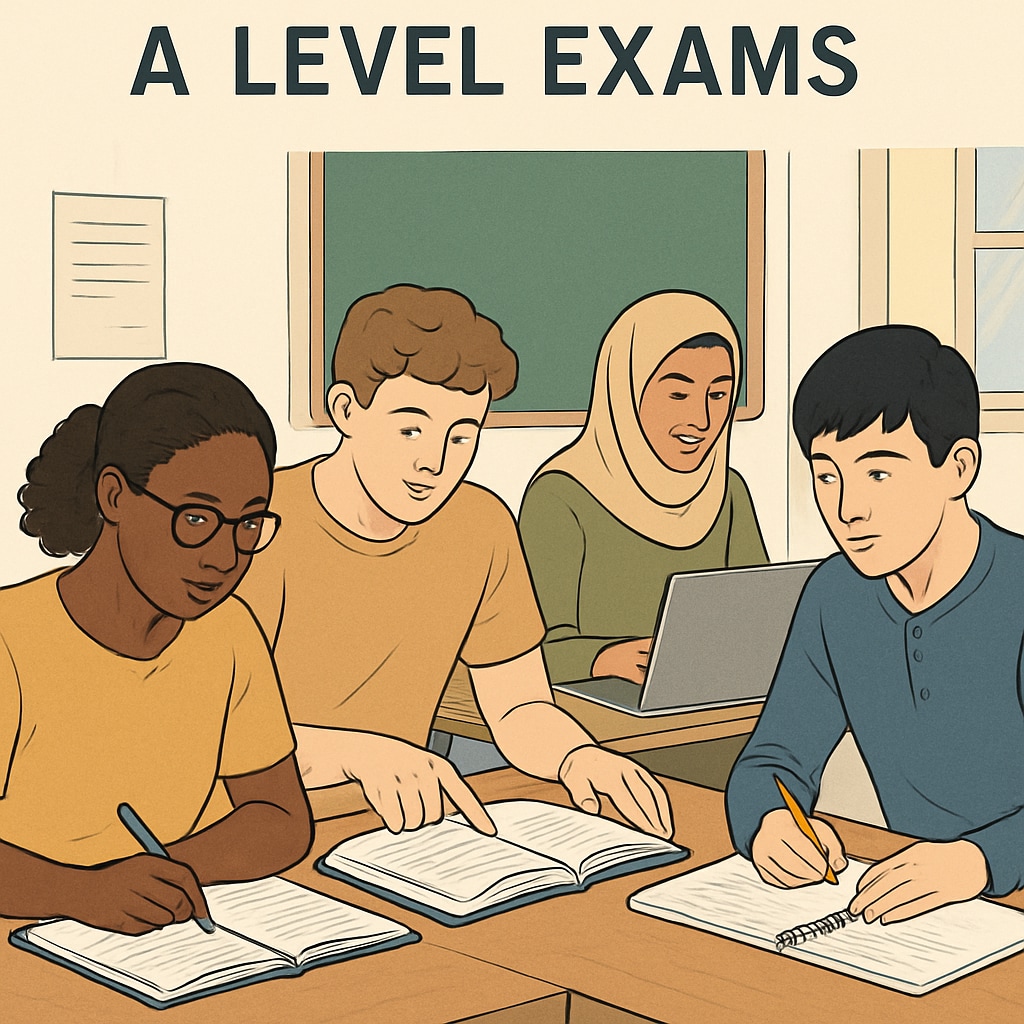 A diverse group of students studying for A Level exams, showcasing a balanced and personalized approach to learning. Students preparing for A Level exams, symbolizing flexibility and balance in the UK education system.
