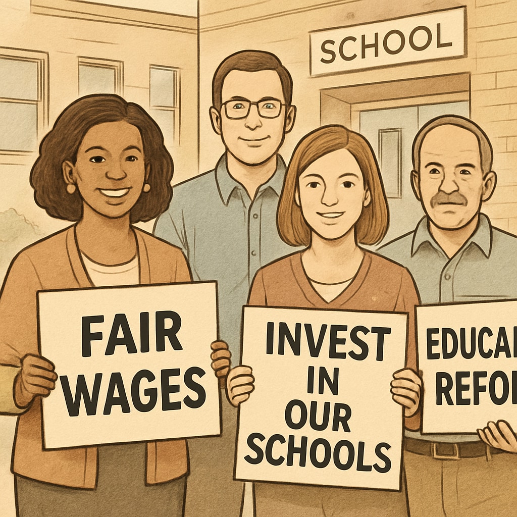A group of teachers holding signs advocating for fair wages and education reform outside a school building. Teachers protesting for fair wages and education reform during Teacherless Tuesday.