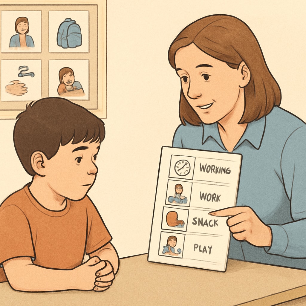 A teacher assistant using visual aids, such as a picture schedule, to communicate with a student diagnosed with autism. Teacher assistant using visual aids to support a student with autism.