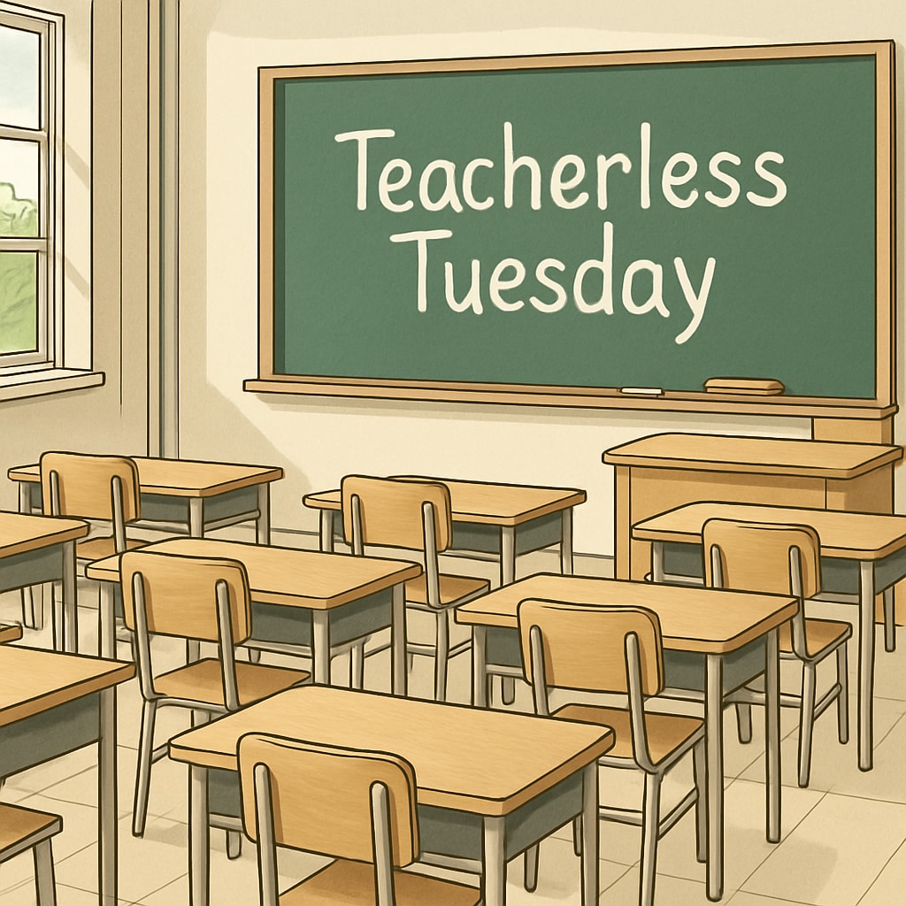 An empty classroom with neatly arranged desks and a chalkboard displaying the words Empty classroom highlighting the impact of Teacherless Tuesday on education.