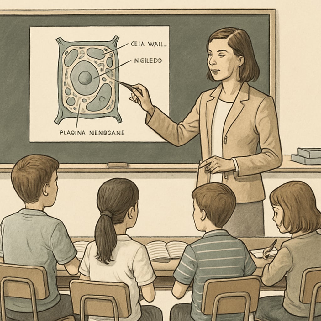 A classroom environment with a teacher explaining a biology concept to students, emphasizing the transition from a scientific to an educational setting. Teacher explaining biology to students, symbolizing the shift from lab to classroom.