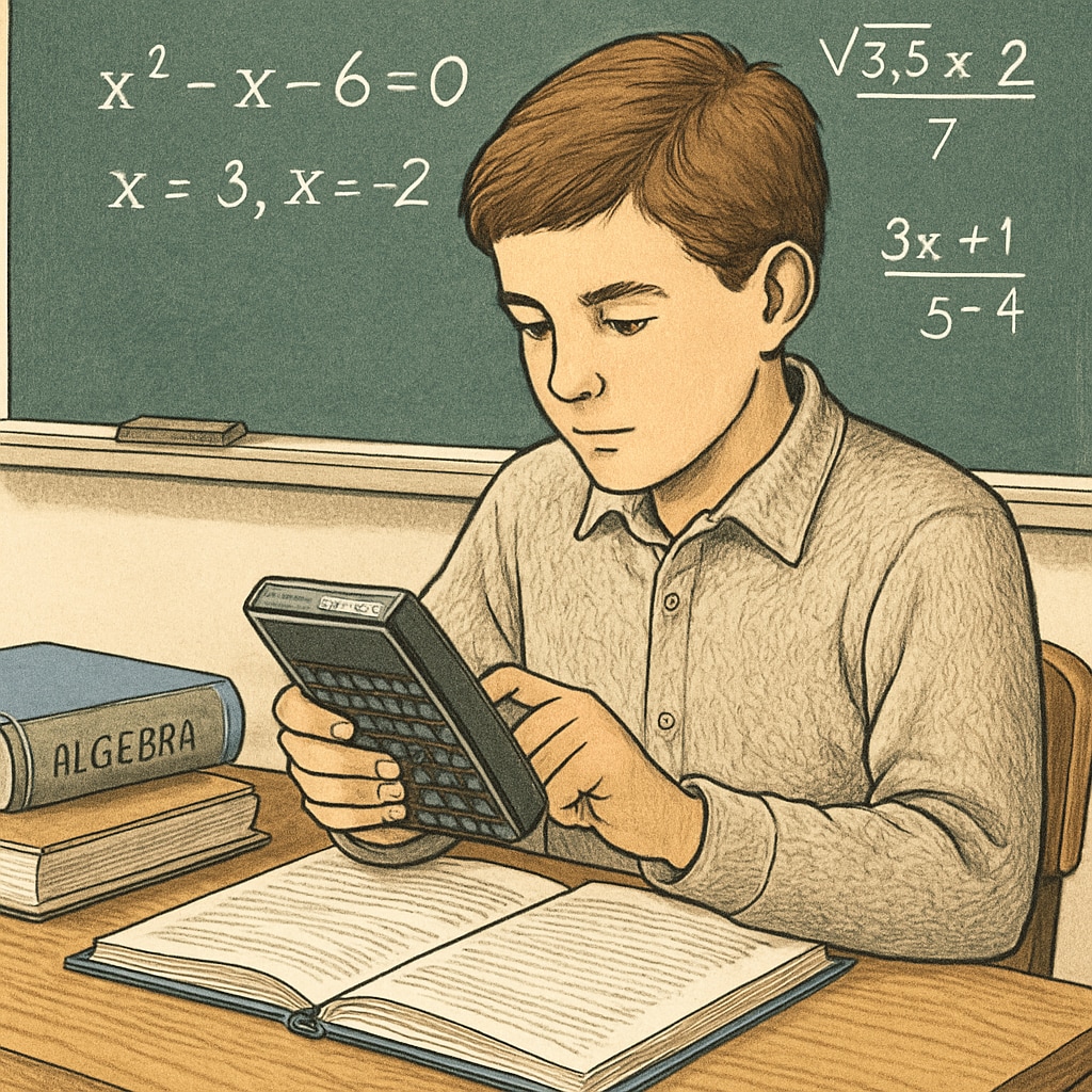 A student using an RPN calculator to solve math problems in a classroom setting. A student focusing on math problems using an RPN calculator, showcasing its educational benefits.