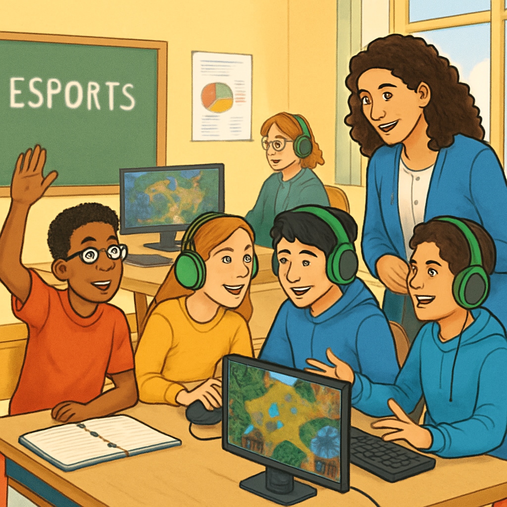 A vibrant classroom where students are engaged in an esports-based learning activity, showcasing teamwork and technology. Students engaged in esports-based learning activity in a classroom.