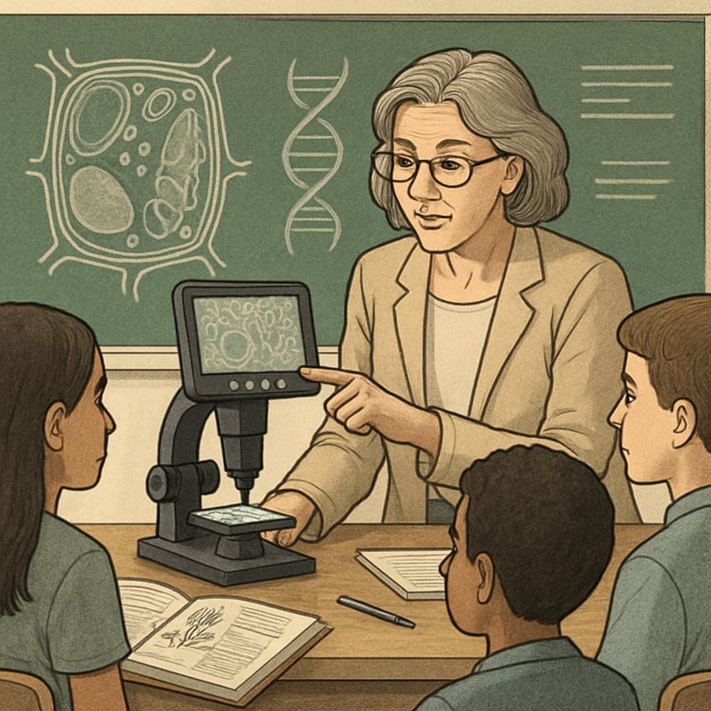 A biology teacher using a digital microscope to demonstrate a scientific concept to students, symbolizing the integration of STEM and education. Biology teacher using a digital microscope in the classroom.